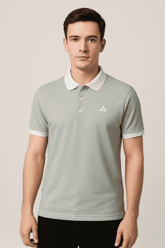 Classic Grey Polo T-Shirt | White Collar & Cuffs