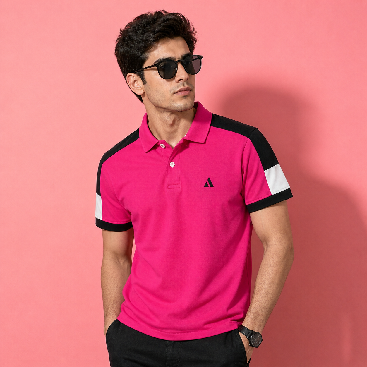 BongoSaj Men’s Premium Polo T-Shirt – Hot Pink Edition Shoulder cut