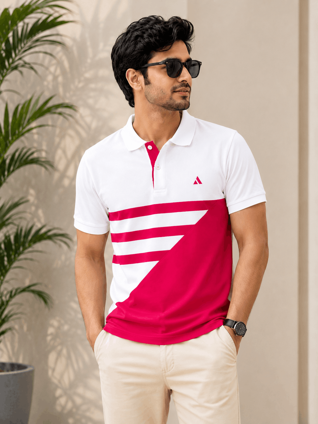 BongoSaj Premium Cotton Polo T-Shirt – White & Hot Pink