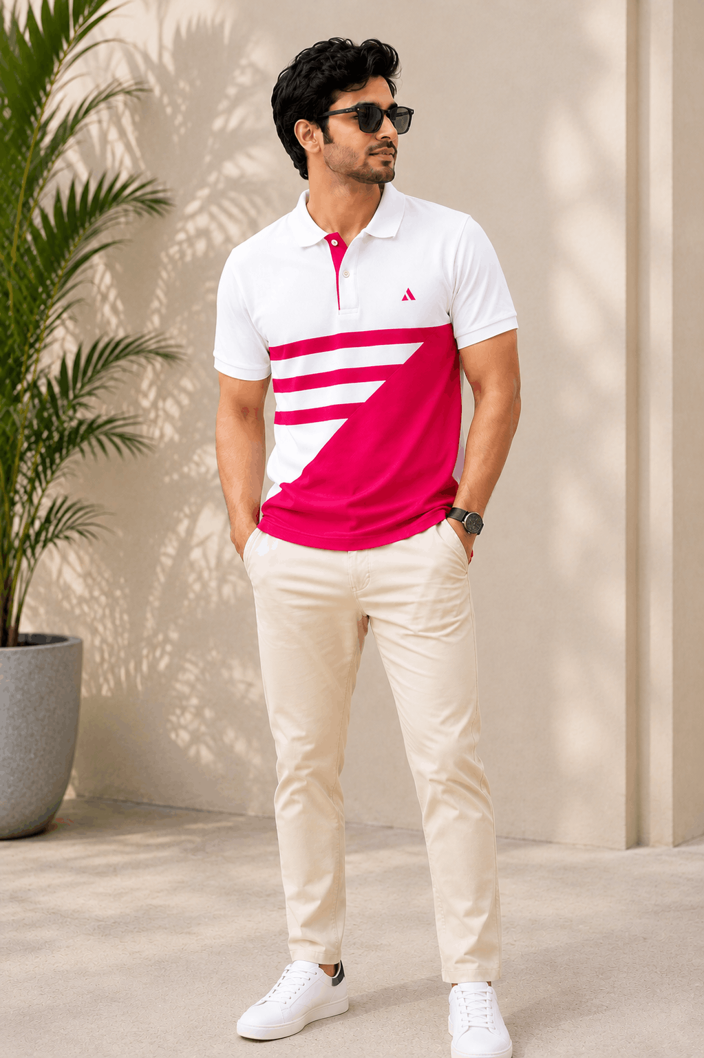 BongoSaj Premium Cotton Polo T-Shirt – White & Hot Pink