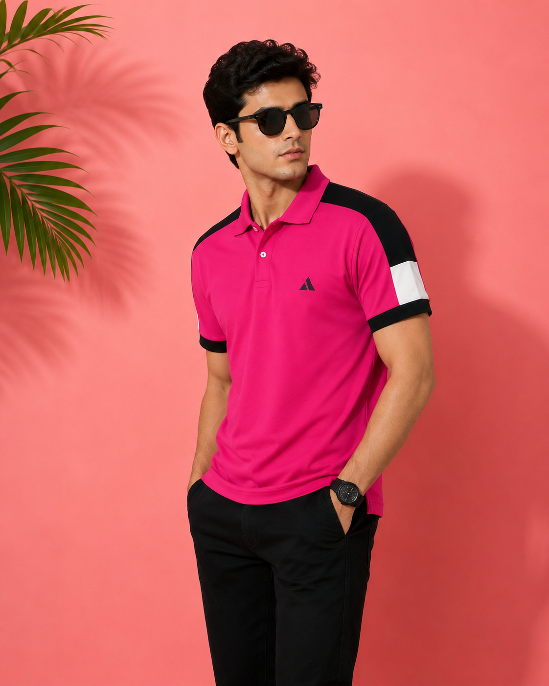 BongoSaj Men’s Premium Polo T-Shirt – Hot Pink Edition Shoulder cut