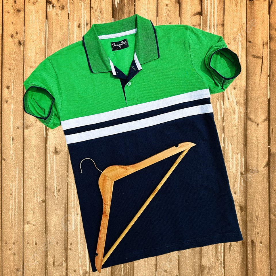 Men stylish T Shirt parrot green Navy with white stripe