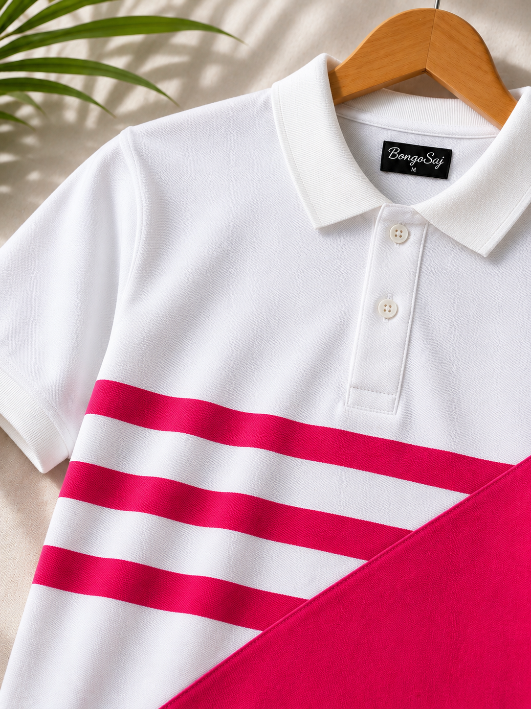 BongoSaj Premium Cotton Polo T-Shirt – White & Hot Pink