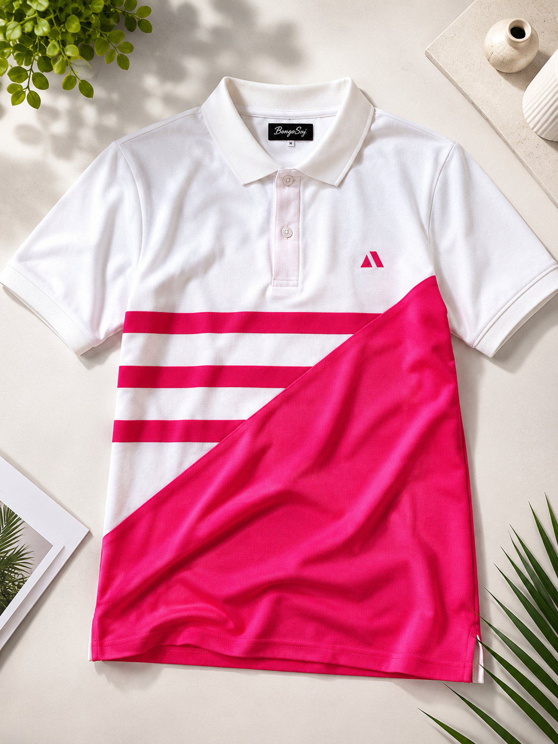 BongoSaj Premium Cotton Polo T-Shirt – White & Hot Pink