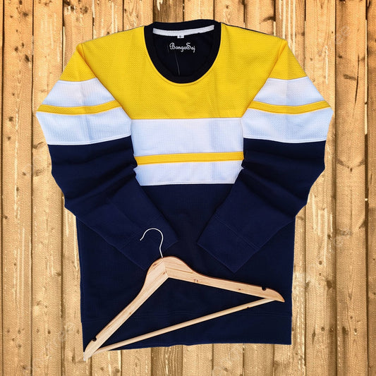 Men Full sleeve Popcorn Lycra T Shirt Yellow and navy blue with stripe