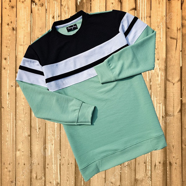 Popcorn Lycra T Shirt, Black White and Sea Green with Stripe