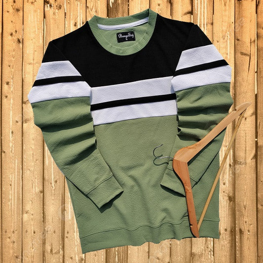 Textured Lycra winter T Shirt Black, White and Seb Green with stripe