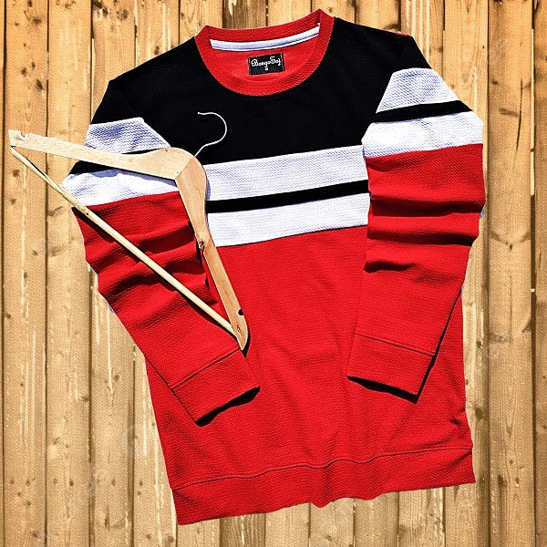 Popcorn Lycra Full sleeve winter T Shirt Black White and Red with black stripe