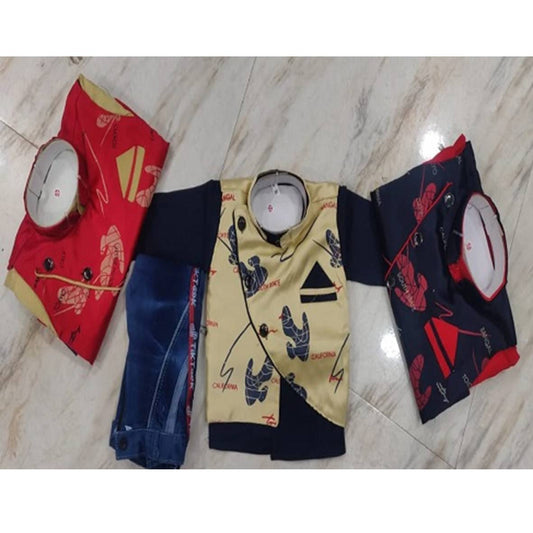 Navy Blue Cotton Floral Print Pant & Shirt With Jacket For Boys