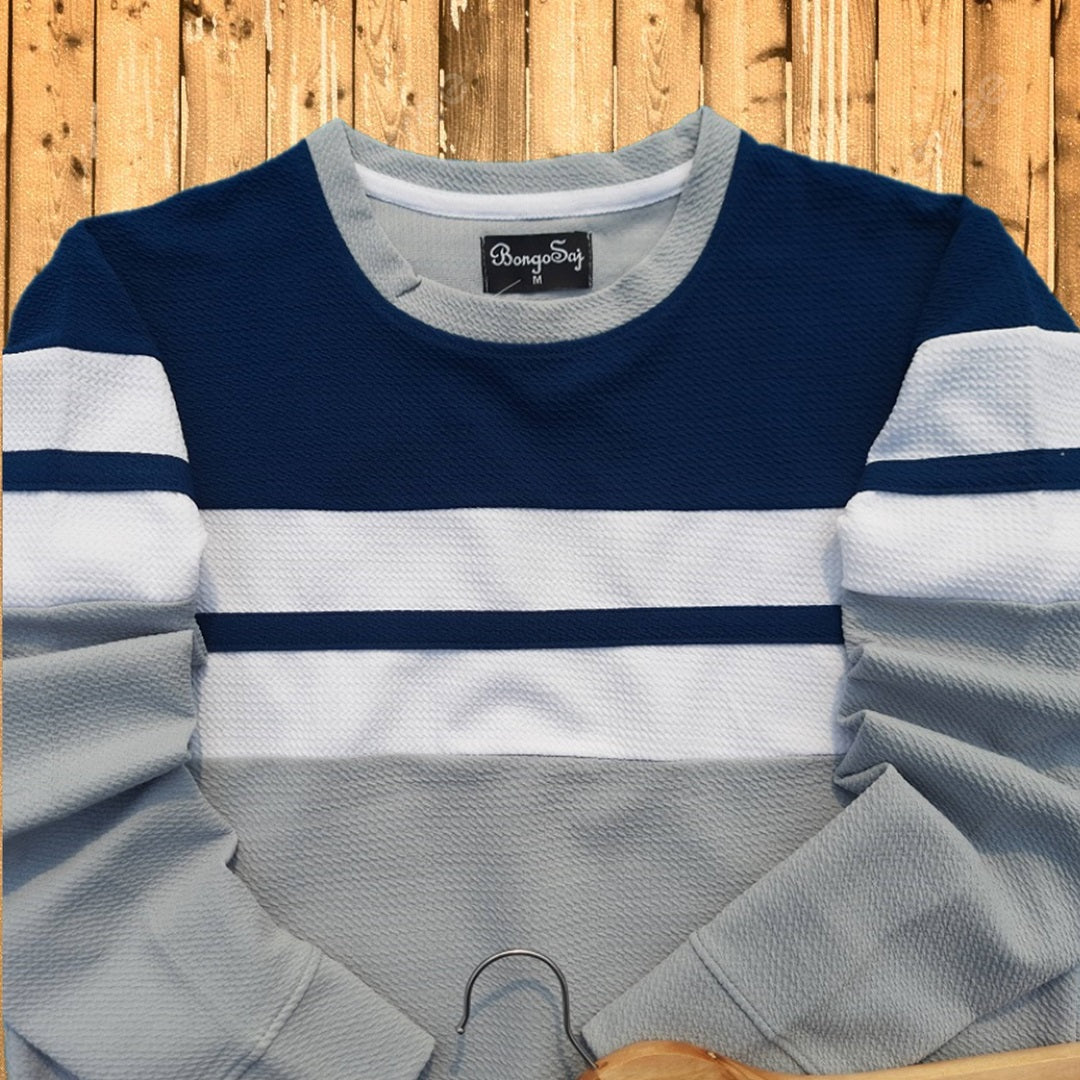 New Textured Lycra T Shirt Navy Blue, White Grey with stripe