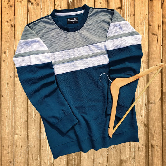 Textured Lycra T Shirt Grey, White Navy Blue with stripe